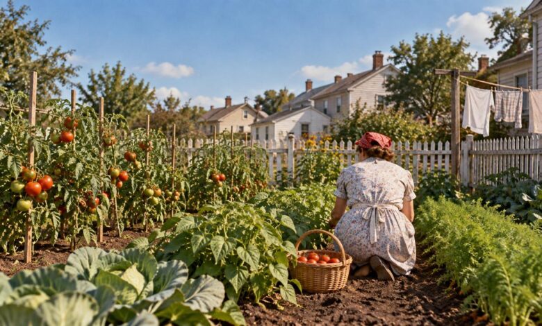 1940s-style backyard victory garden with a woman in a headscarf kneeling between rows of staked tomatoes, cabbage and carrots, a basket of ripe tomatoes beside her