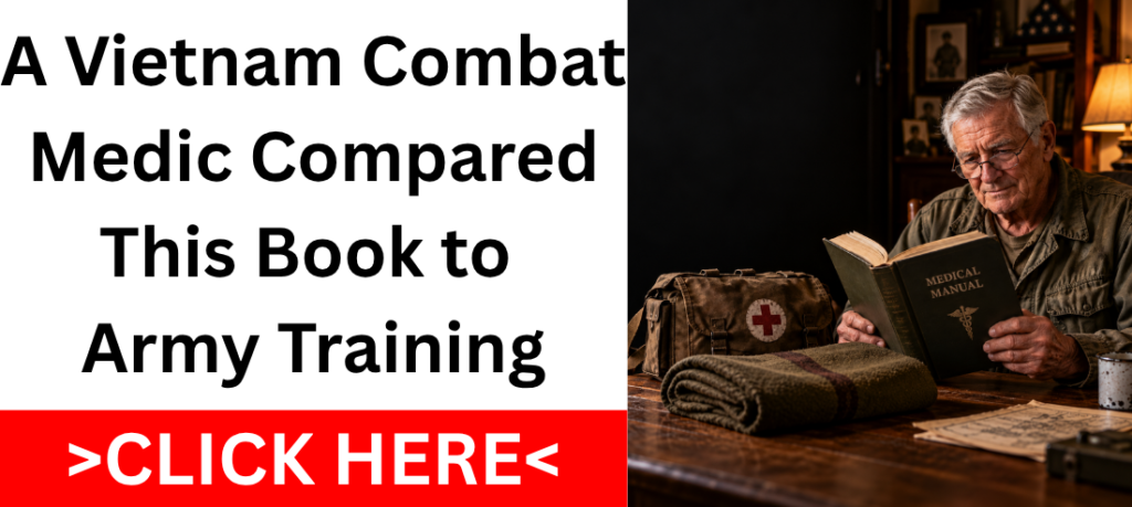 Elderly veteran reading a medical manual at a wooden table beside a vintage army medic bag