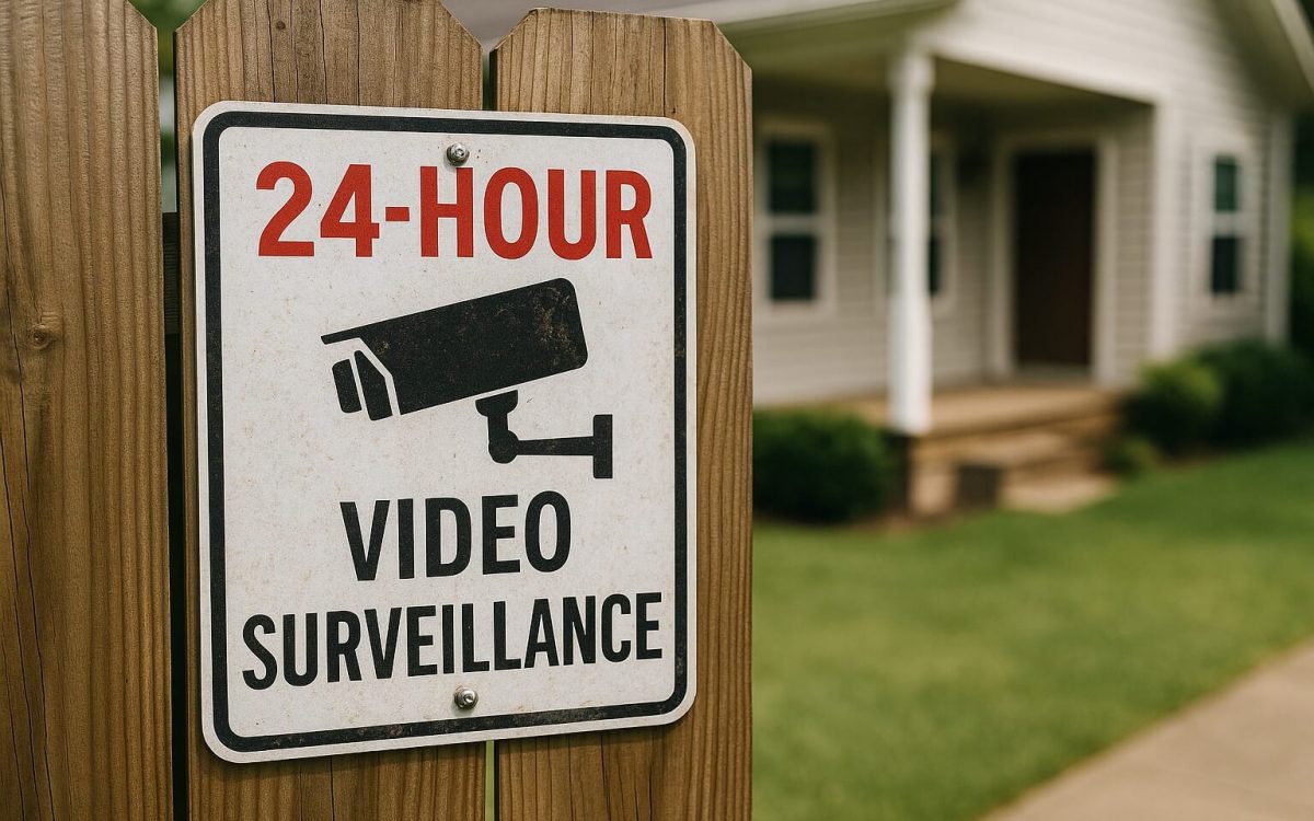 24-hour video surveillance sign as cheap home security system
