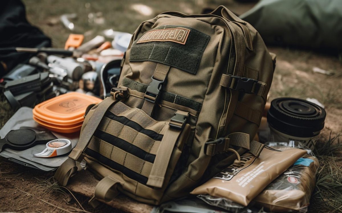 Close-up of a tactical bug-out bag surrounded by essential survival gear, including emergency supplies and tools, designed for preparedness in any emergency.