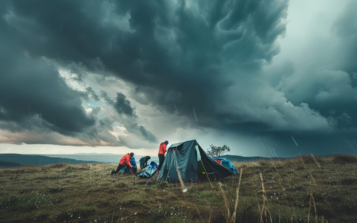 Campers setting up a tent in the mountains under stormy skies, preparing for severe weather conditions