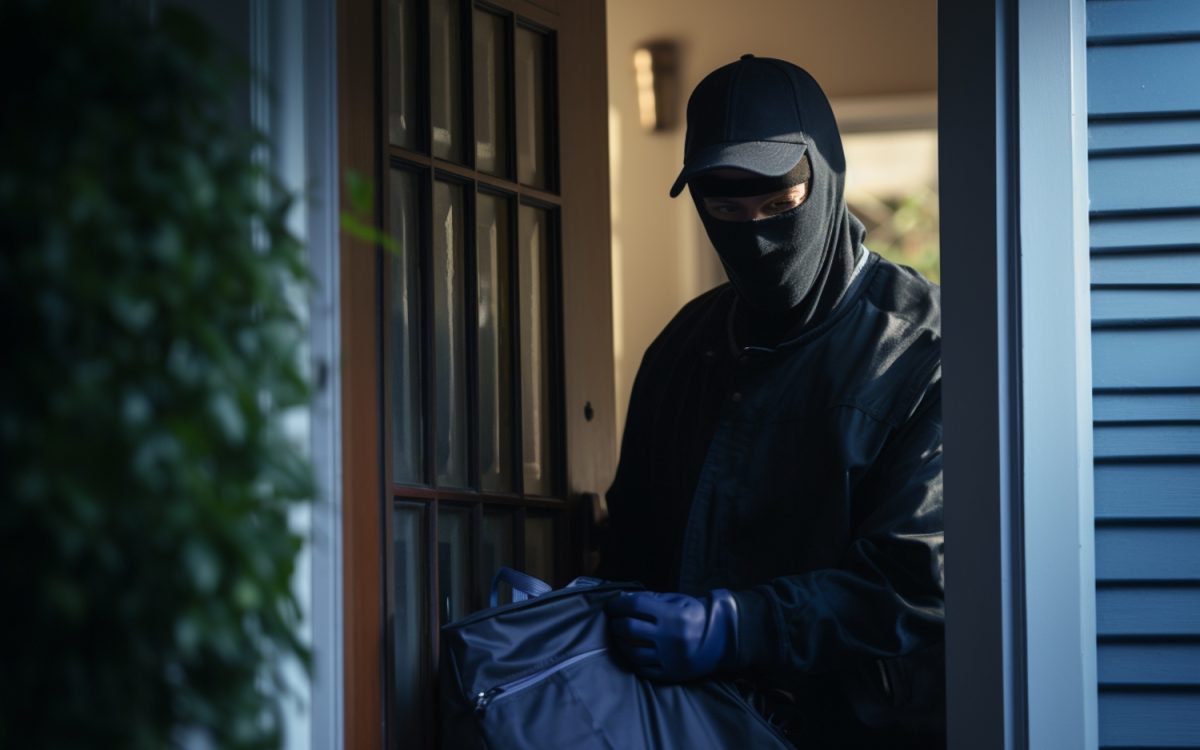 A masked individual wearing dark clothing and gloves standing at the entrance of a home, holding a bag, symbolizing looting behavior.