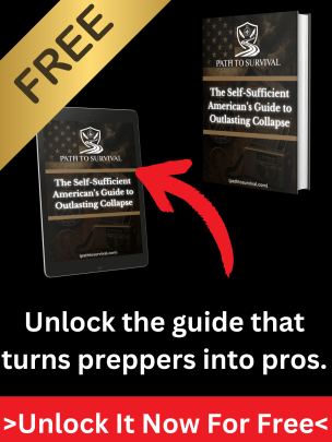 Free self-sufficiency survival guide banner — PathToSurvival ebook download with arrow pointing to the prepping guide.