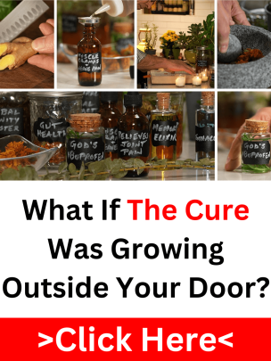Herbal remedy bottles and fresh herbs with text: What if the cure was growing outside your door?