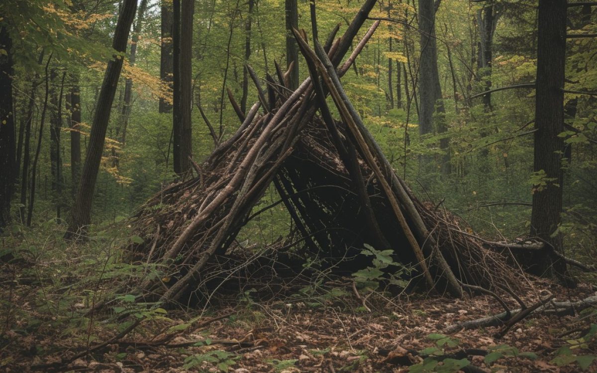 A survival shelter made of branches in a forest, designed to provide protection from extreme weather conditions like heavy rain and wind.