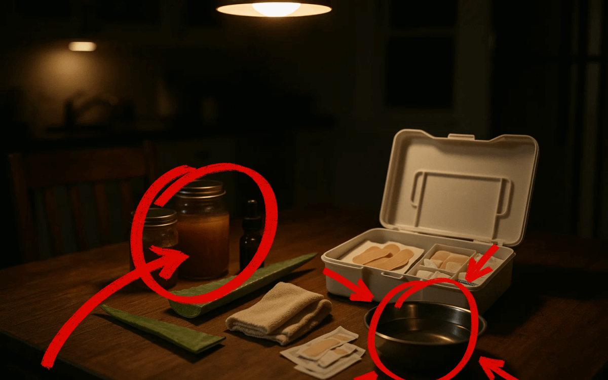 medical supplies beyond band aids including natural remedies and wound care tools on a table