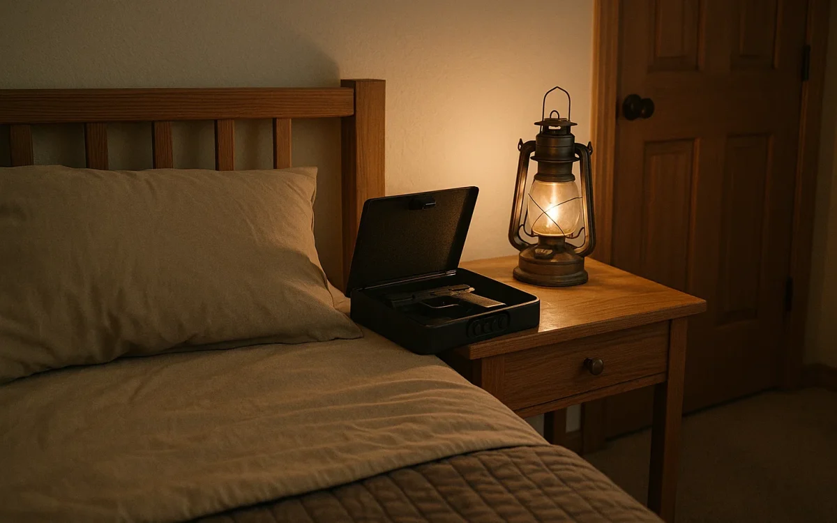 Fast-entry bedside gun safe with handgun and oil lantern during blackout — secure home defense gun storage for preppers.