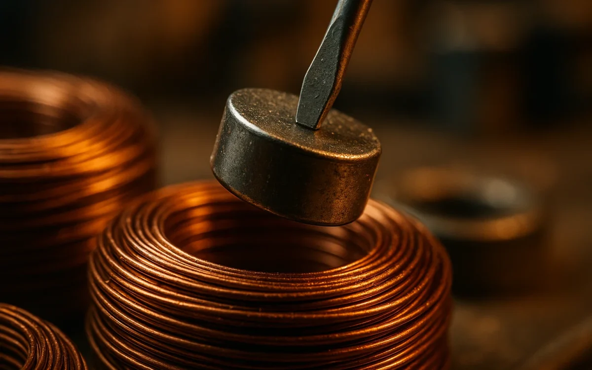 Magnet lifting copper wire coils salvaged from broken electronics for survival use