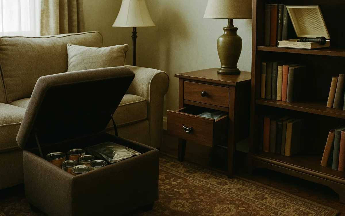 Hidden emergency supplies stored inside a living room ottoman, drawer, and hollowed-out book on a shelf in a cozy American home.