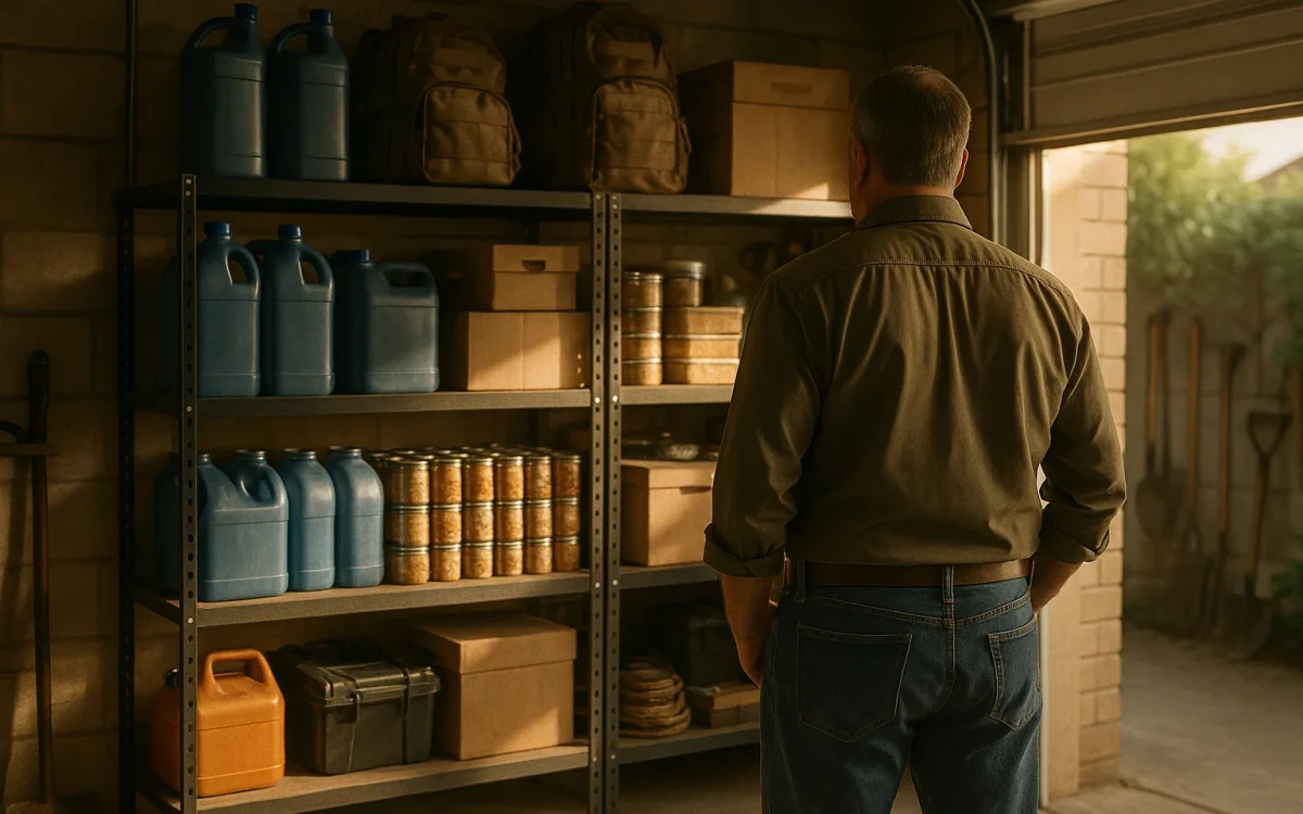 Older man organizing emergency supplies in a prepper garage