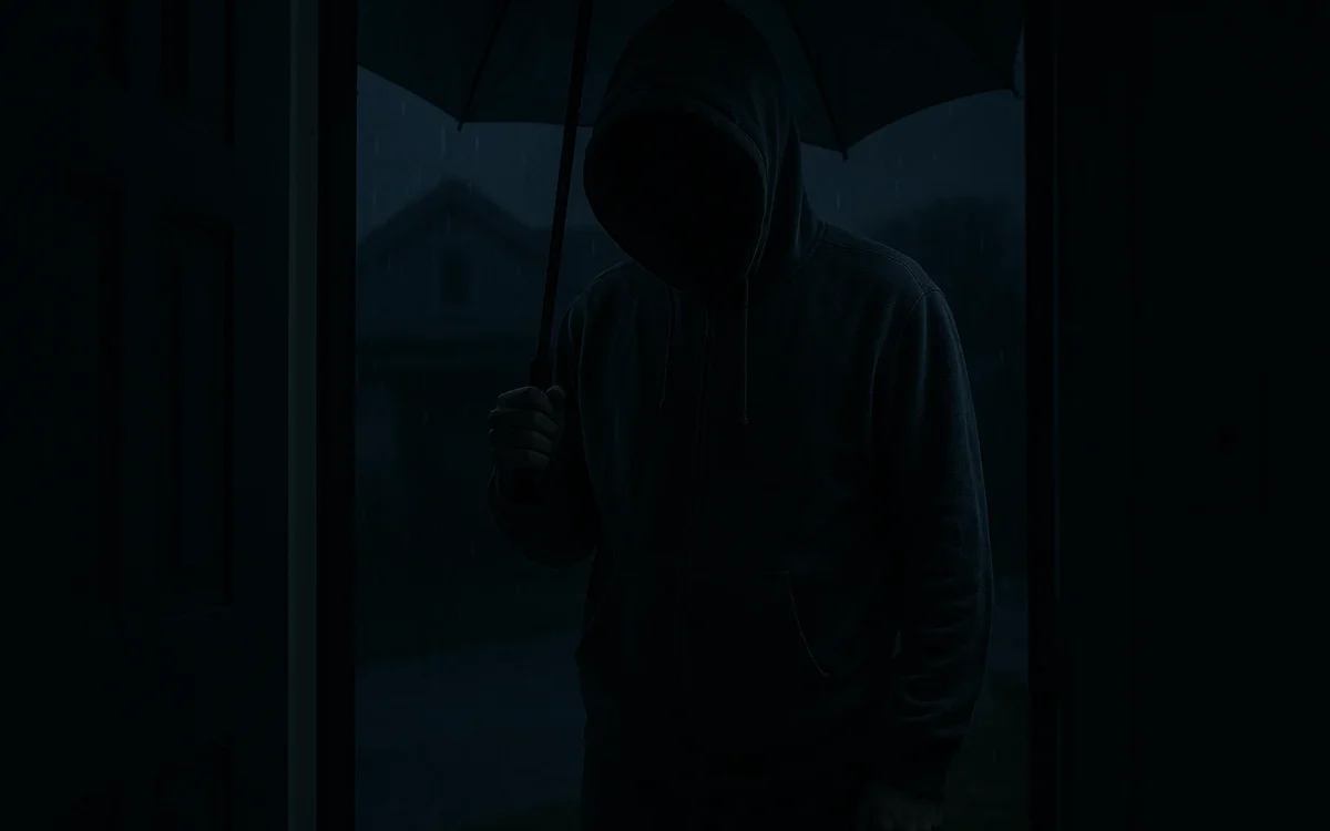 Suspicious hooded figure at door during storm, symbolizing scam risk after a crisis