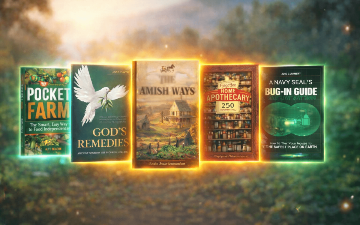Top 5 prepping books for 2026 including Amish Ways, Forgotten Home Apothecary, Navy SEAL Bug-In Guide, God’s Remedies and Pocket Farm survival guide
