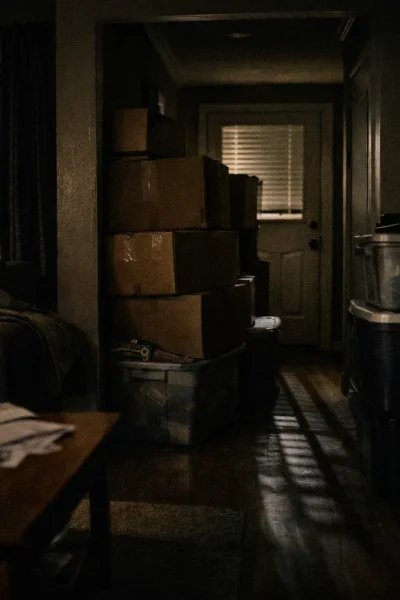 Cluttered hallway with stacked boxes and storage bins blocking movement inside a home, showing how clutter can delay evacuation during a crisis.