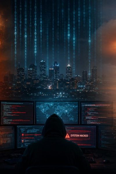Split image comparing three grid-down threats: solar storm, cyberattack, and nuclear EMP over a city