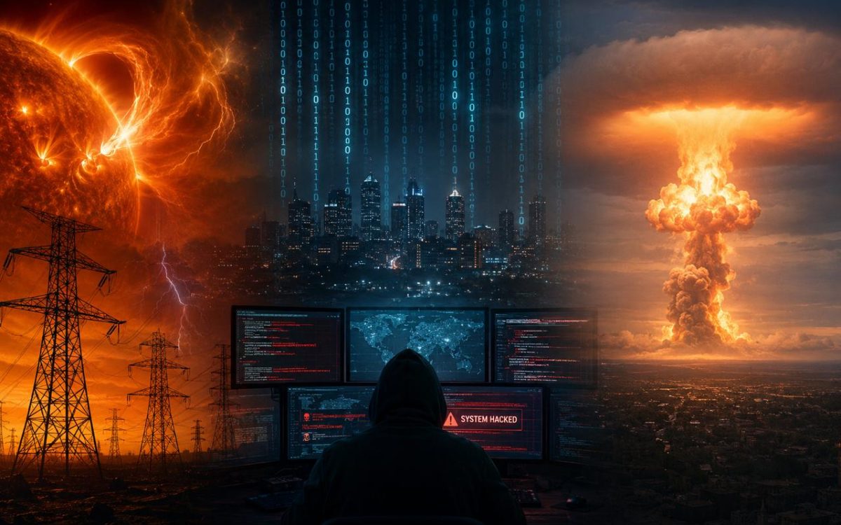 Split image comparing three grid-down threats: solar storm, cyberattack, and nuclear EMP over a city