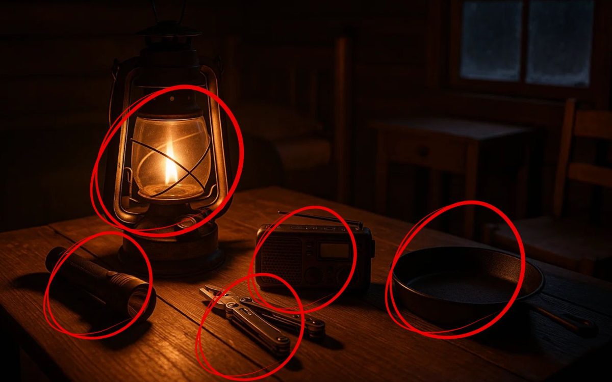 Lantern lighting a wooden table with survival tools, flashlight, radio, multi-tool, and cast-iron skillet ready for a power outage.