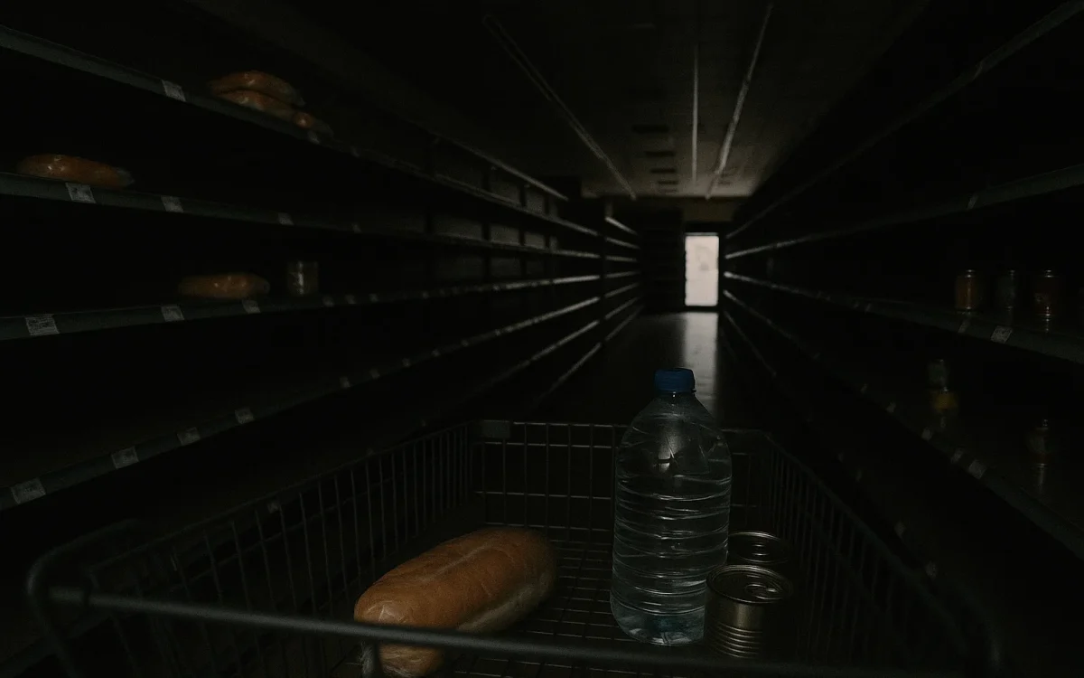 Empty grocery store shelves during blackout with shopping cart holding bread, bottled water, and canned food.