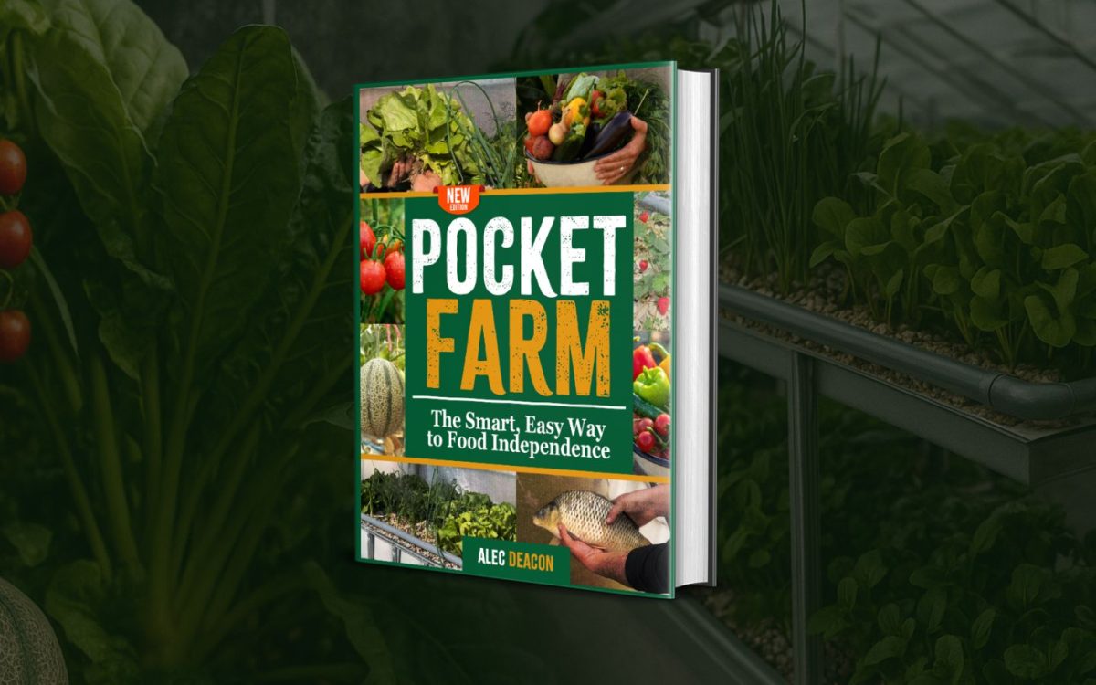 Pocket Farm book review cover with fresh vegetables, aquaponics setup, and fish for food independence.