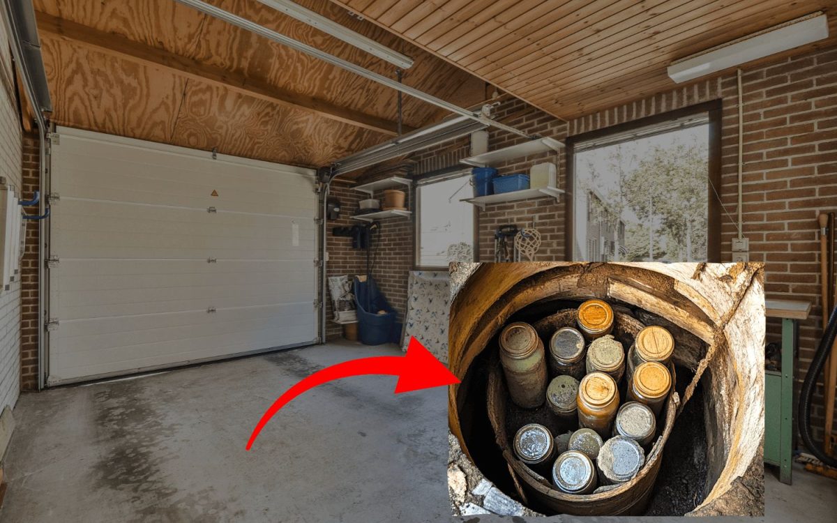 Hidden root cellar with canned food beneath a garage floor, showing secret underground food storage for preppers.