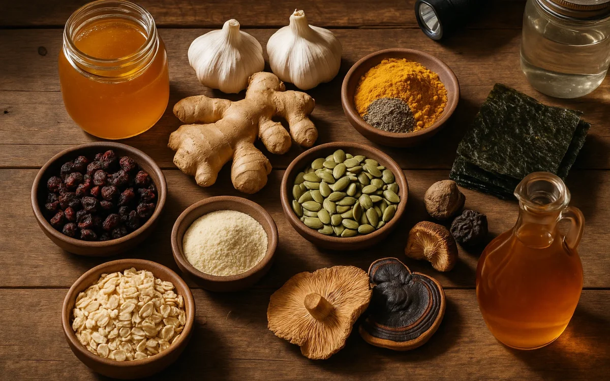 Immunity superfoods for survival displayed on a wooden table: honey, garlic, ginger, turmeric with pepper, dried berries, pumpkin seeds, oats, seaweed, medicinal mushrooms, bone broth powder, and apple cider vinegar.