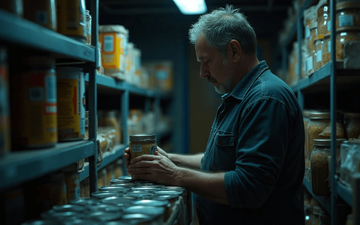 Prepper inspecting food supply in home storage room for expiration or damage