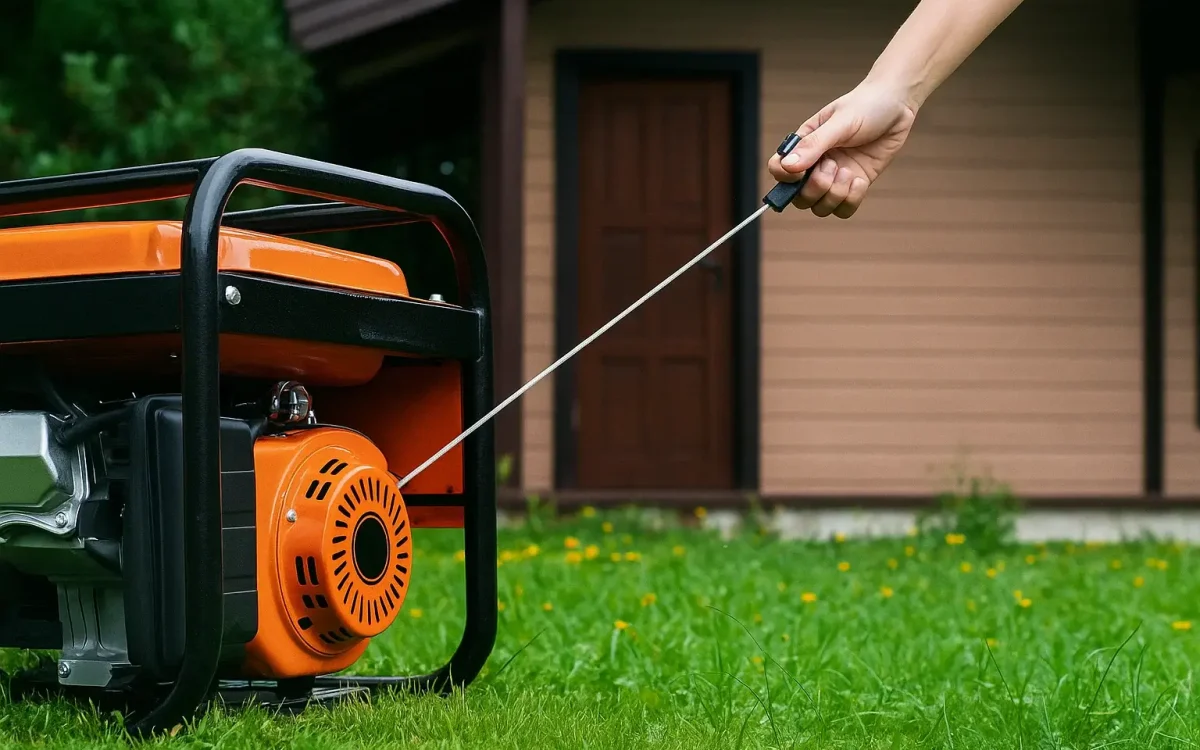 Starting a portable generator outside a home — essential backup power maintenance.