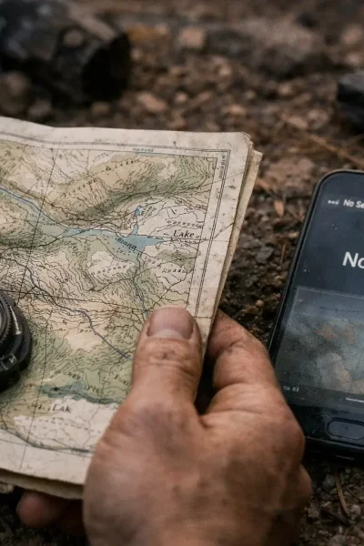 A close-up of dirty hands holding a physical USGS 1:24,000 scale map and compass next to a dark smartphone displaying "No Signal" during a grid-down survival situation.
