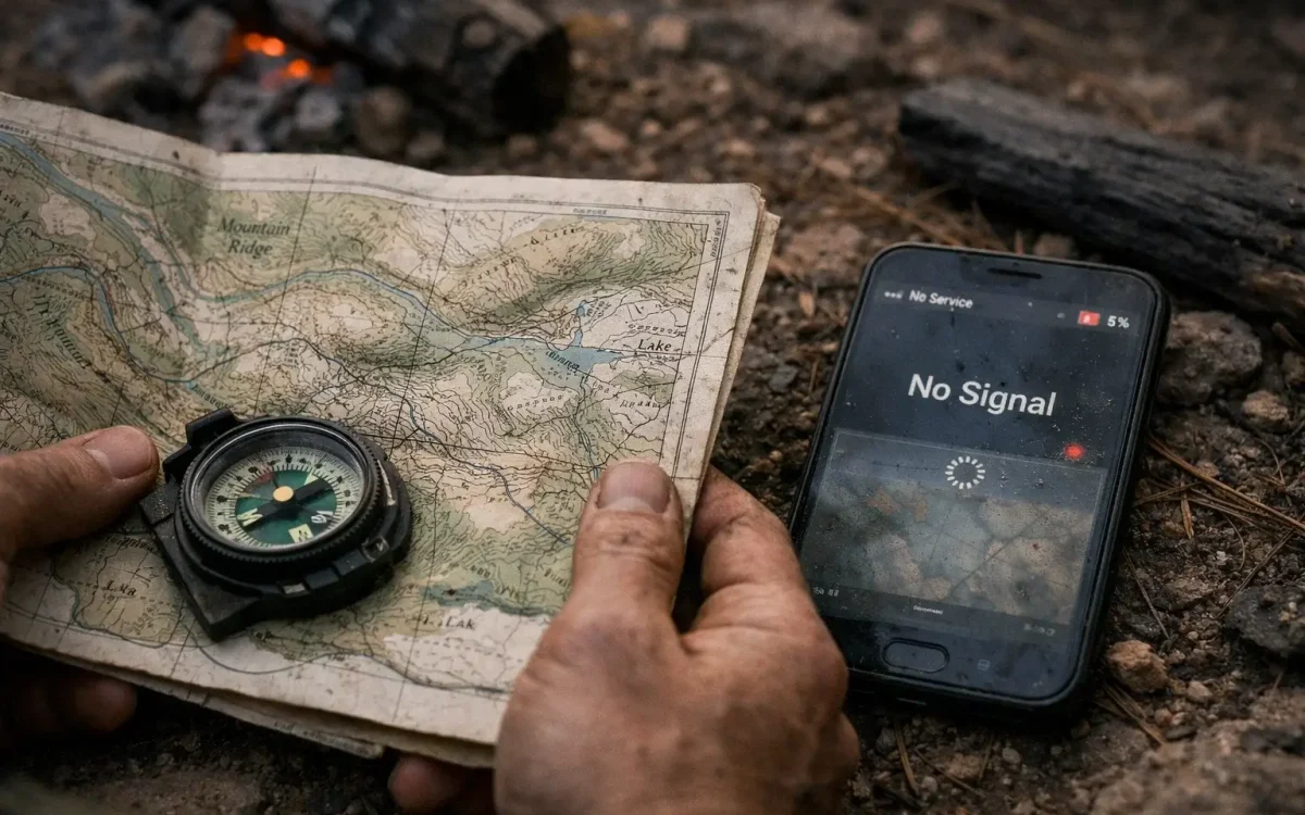 A close-up of dirty hands holding a physical USGS 1:24,000 scale map and compass next to a dark smartphone displaying "No Signal" during a grid-down survival situation.
