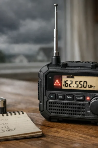 Emergency weather radio tuned to 162.550 MHz NOAA frequency with antenna extended, alert icon active, batteries and handwritten weather band notes on table during storm