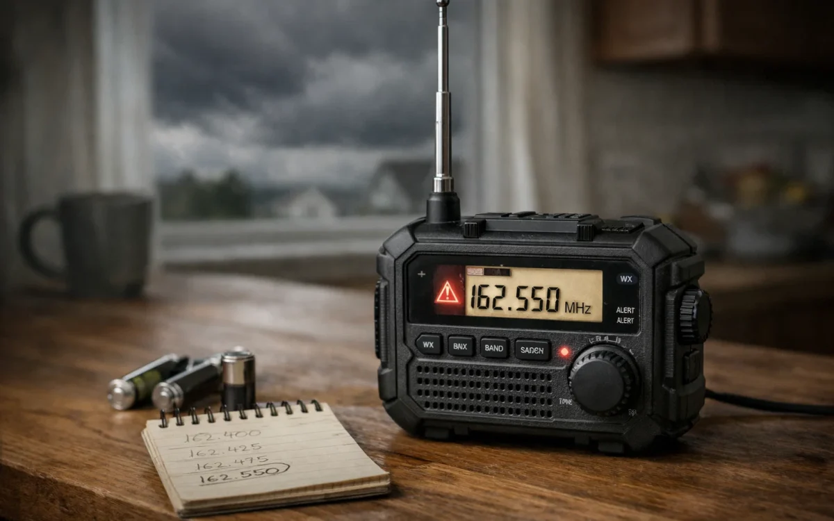 Emergency weather radio tuned to 162.550 MHz NOAA frequency with antenna extended, alert icon active, batteries and handwritten weather band notes on table during storm