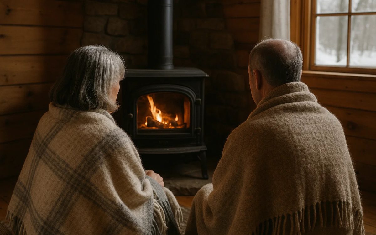 Older couple staying warm during a winter blackout by a vented wood stove, wrapped in wool blankets with snow outside.