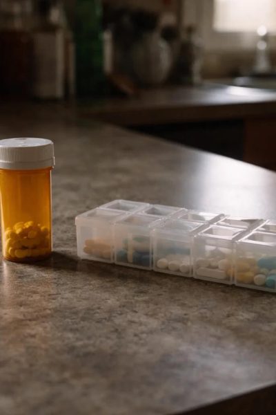 Prescription bottle and pill organizer on a kitchen counter, showing dependence on routine medication during supply chain shortages