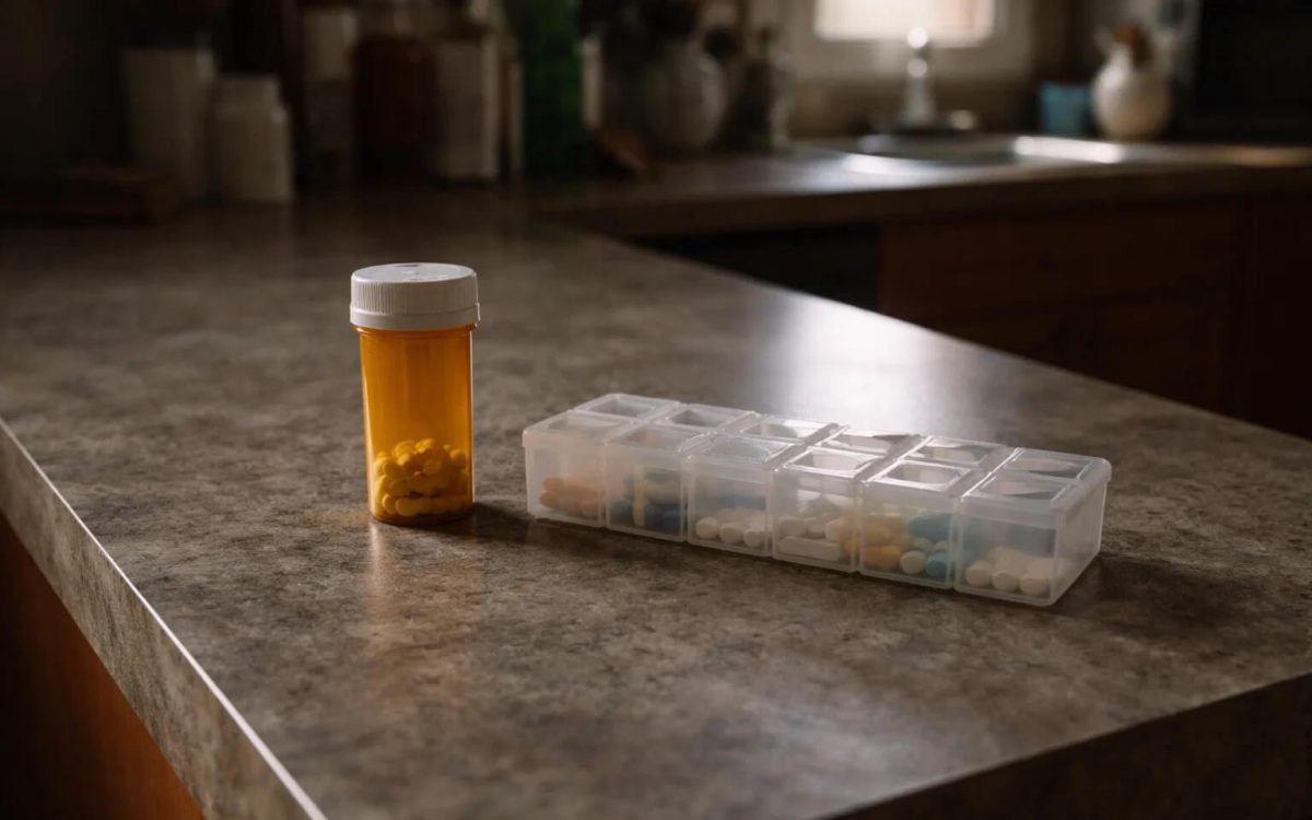 Prescription bottle and pill organizer on a kitchen counter, showing dependence on routine medication during supply chain shortages