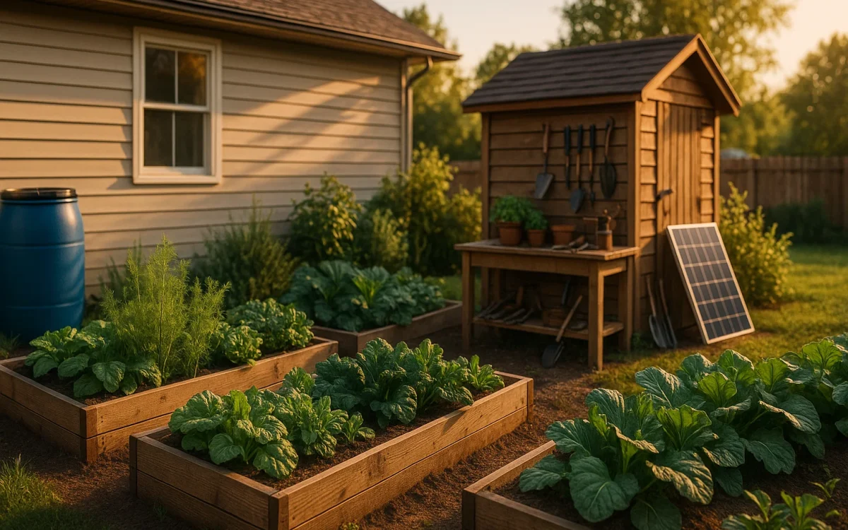 Self-sufficient backyard with raised garden beds, rain barrel, and solar panel beside a suburban home.