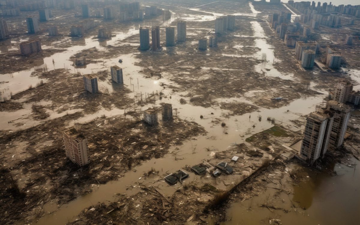 Aerial view of a city devastated by a catastrophic natural disaster, with widespread flooding, damaged high-rise buildings, and debris scattered across the landscape, illustrating the vulnerability of urban areas.