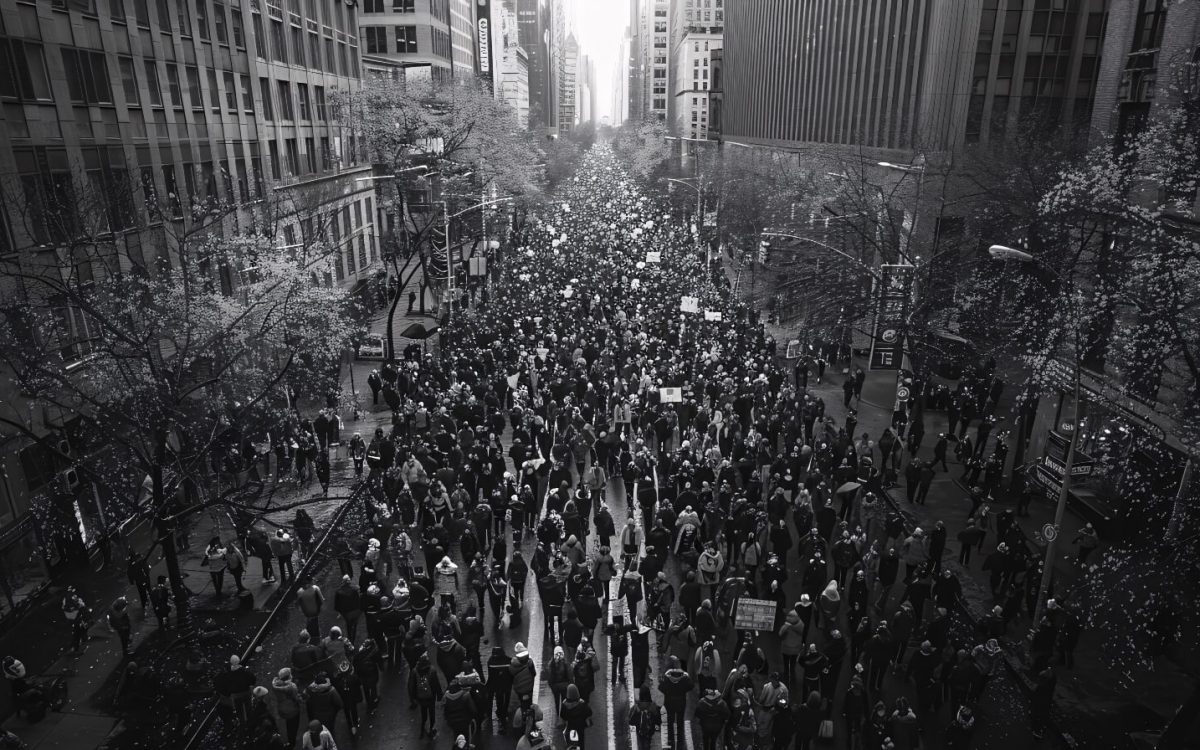 Peaceful protest crowd in downtown city before urban unrest