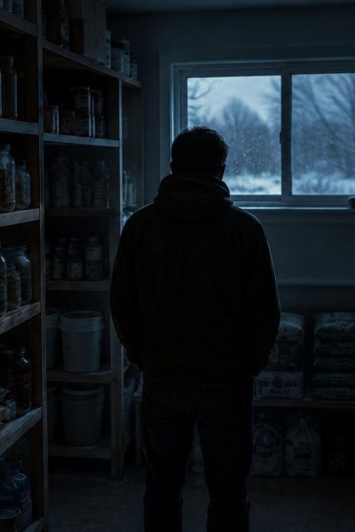 Person seen from behind in a dark stocked pantry, looking out a window at winter snow during a power outage