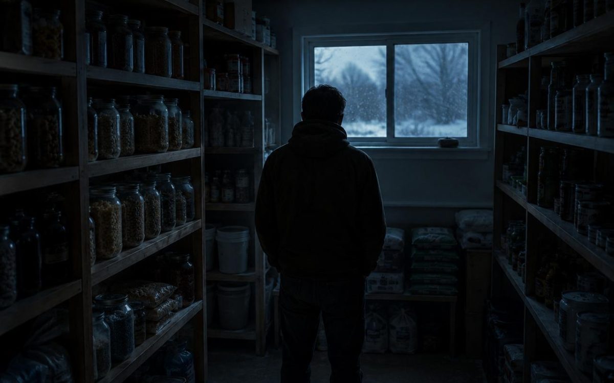Person seen from behind in a dark stocked pantry, looking out a window at winter snow during a power outage