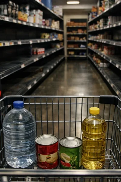 Grocery store shelves nearly empty with rising prices and survival items like water canned food and cooking oil in shopping cart