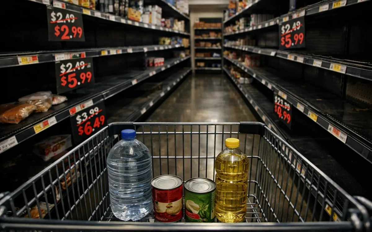 Grocery store shelves nearly empty with rising prices and survival items like water canned food and cooking oil in shopping cart