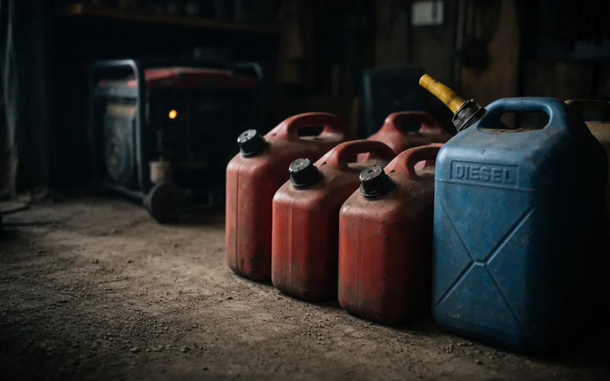 Stored gasoline and diesel fuel containers in a garage with an idle generator, illustrating fuel storage shelf life and degradation over time.