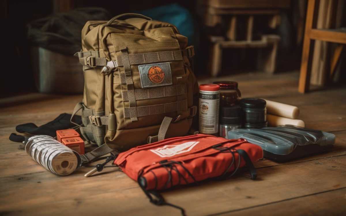 Tactical bug-out bag with survival gear laid out on a wooden floor, including emergency food, medical supplies, and tools.