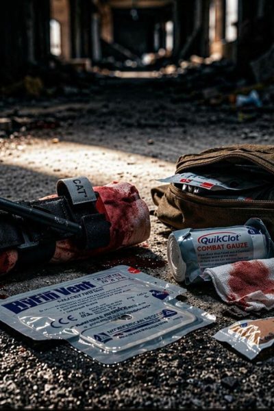 A Combat Application Tourniquet (CAT), QuikClot hemostatic gauze, and HyFin vented chest seal laid out on a gritty concrete floor after an emergency deployment to stop the bleed.