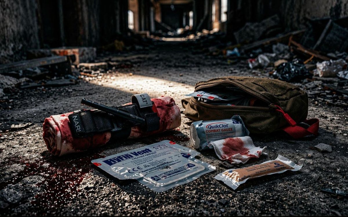 A Combat Application Tourniquet (CAT), QuikClot hemostatic gauze, and HyFin vented chest seal laid out on a gritty concrete floor after an emergency deployment to stop the bleed.