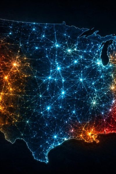 Glowing network map of the United States showing power grid connections in red, orange, and blue