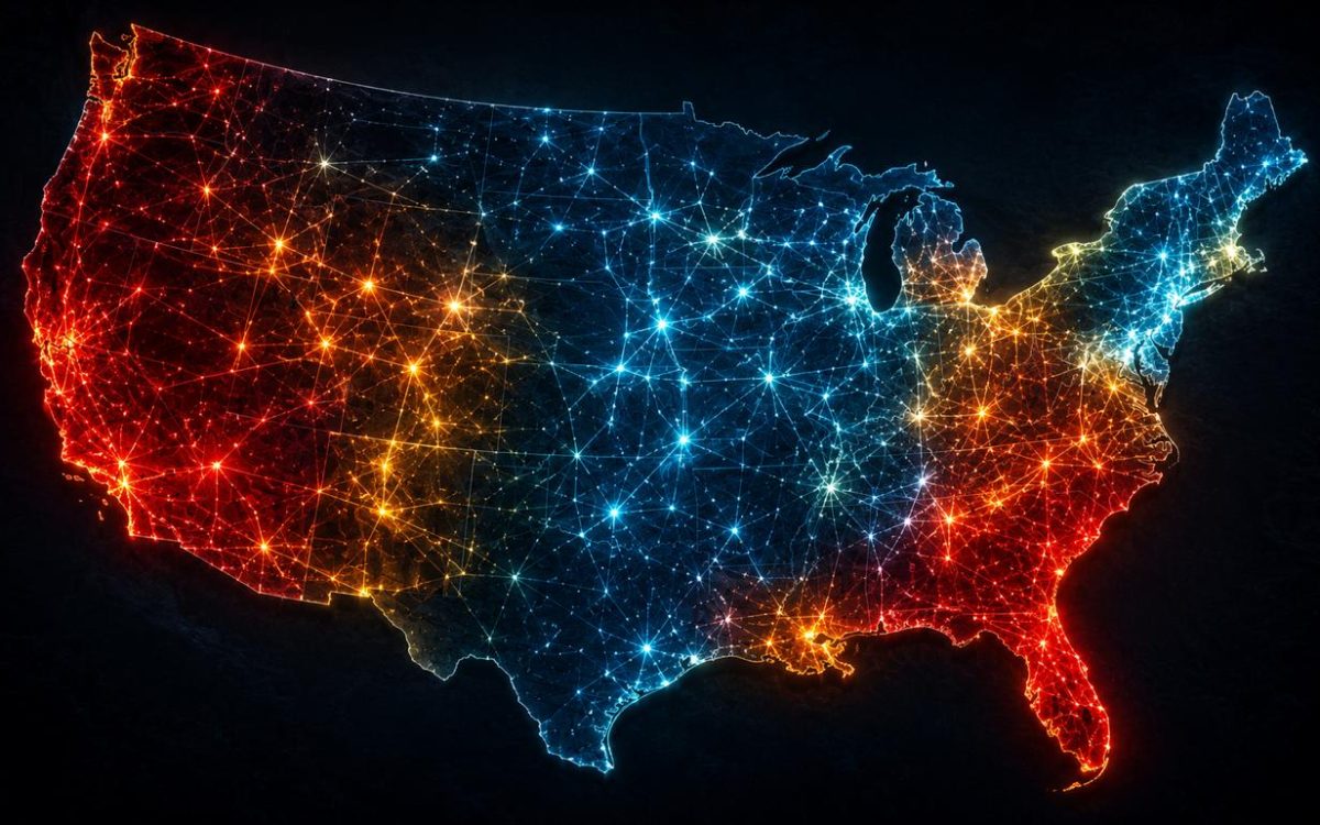 Glowing network map of the United States showing power grid connections in red, orange, and blue