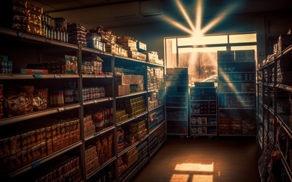 Sunlight streaming through a well-organized pantry filled with neatly stacked food supplies on shelves.