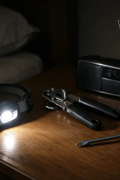 Small tools for power outages on a bedside table during a blackout, including a headlamp, manual can opener, screwdriver, and radio.