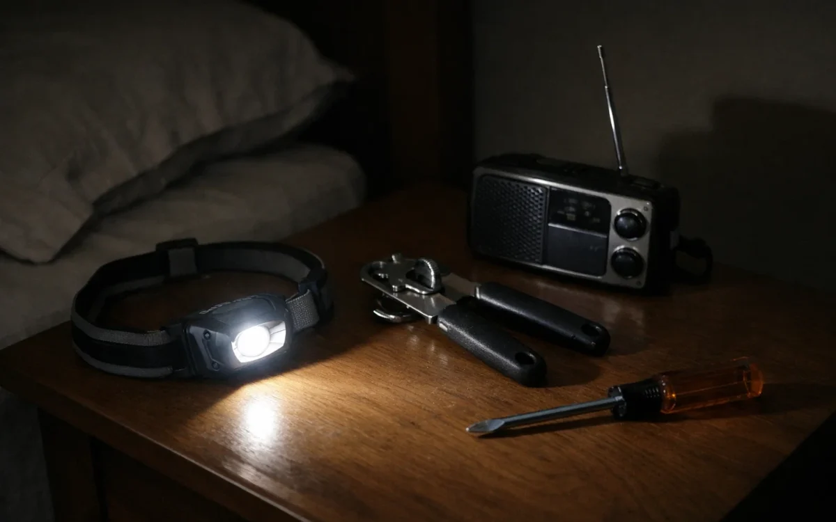 Small tools for power outages on a bedside table during a blackout, including a headlamp, manual can opener, screwdriver, and radio.
